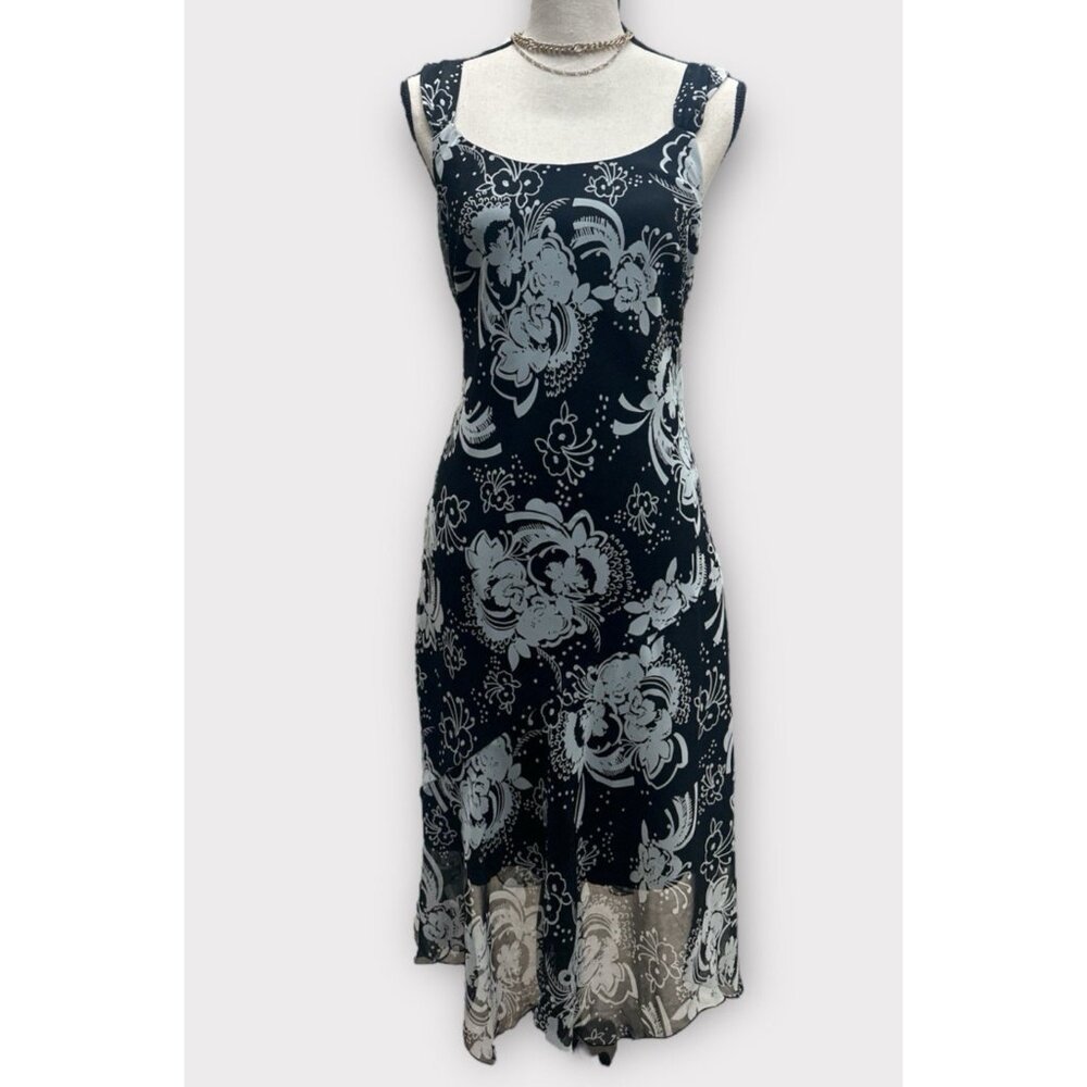 Signature by Sangria Black Floral Midi Dress with Gray Print